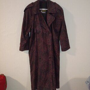 Vintage London Fog Paisley Trench Coat Womens 8 Petite Burgundy Long Overcoat